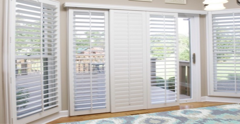 [Polywood|Plantation|Interior ]211] shutters on a sliding glass door in Cleveland